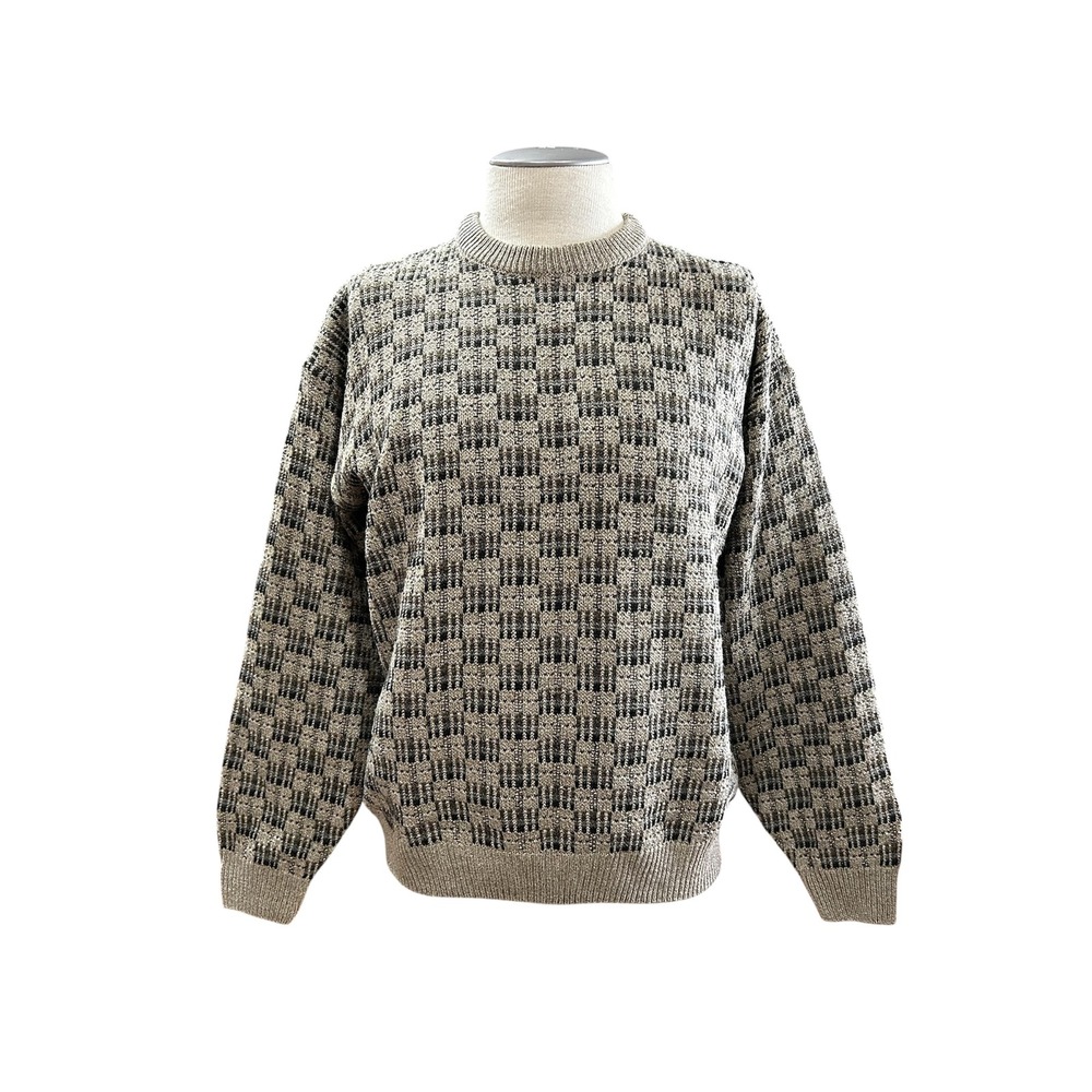 Towncraft Mens Checkerboard Knit Crewneck Sweater Medium Grey Pullover 69904